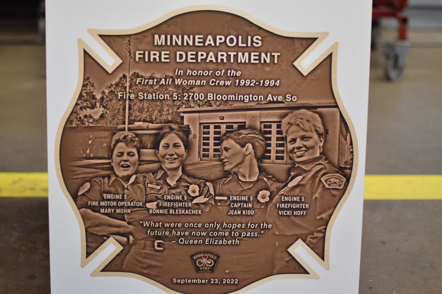 The plaque commemorating the city’s first all-women fire crew who served together from 1992-1994 will be placed outside the entrance of Fire Station 5.