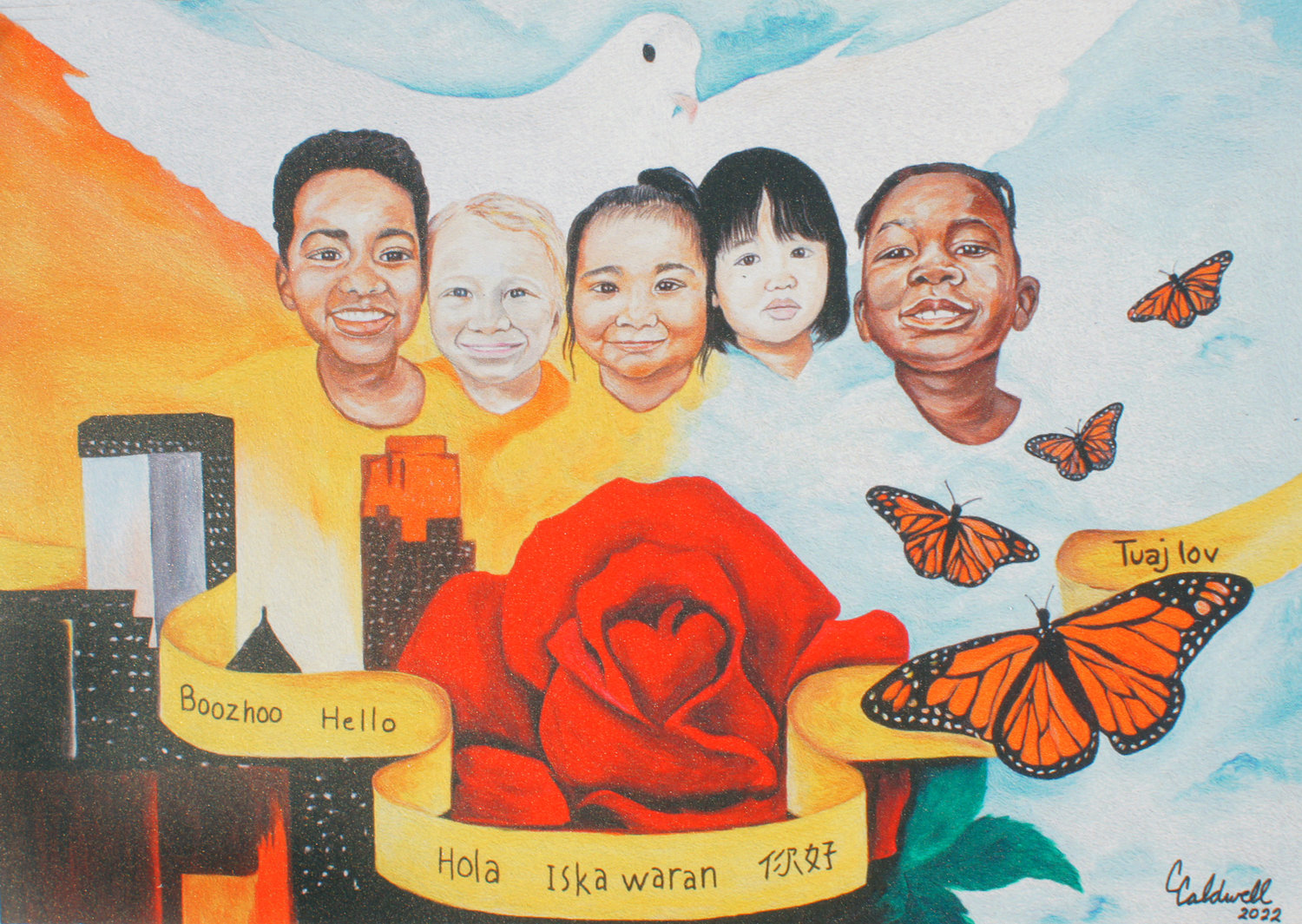 "Set against the city skyline, the mural celebrates the cultural diversity of South Minneapolis and includes symbols of Peace (dove), Hope (children), and Transformation (butterfly). A yellow ribbon offers a greeting in six languages: Ojibwe, English, Spanish, Somali, Chinese, and Hmong." (Photo by Terry Faust)