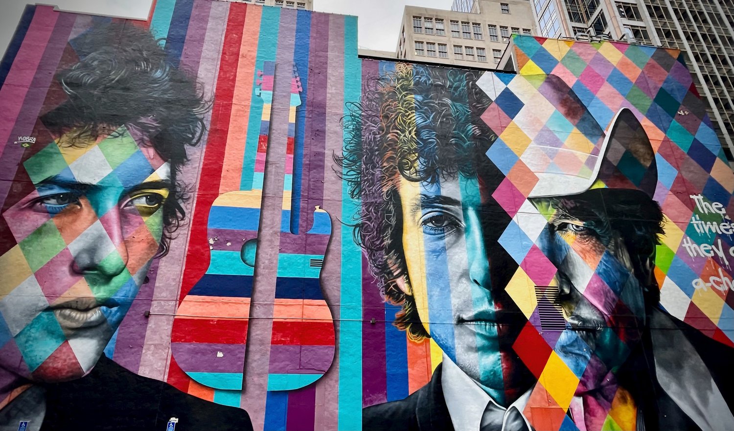 The soaring Bob Dylan mural attracts international visitors to downtown Minneapolis. (Photo by Susan Schaefer)