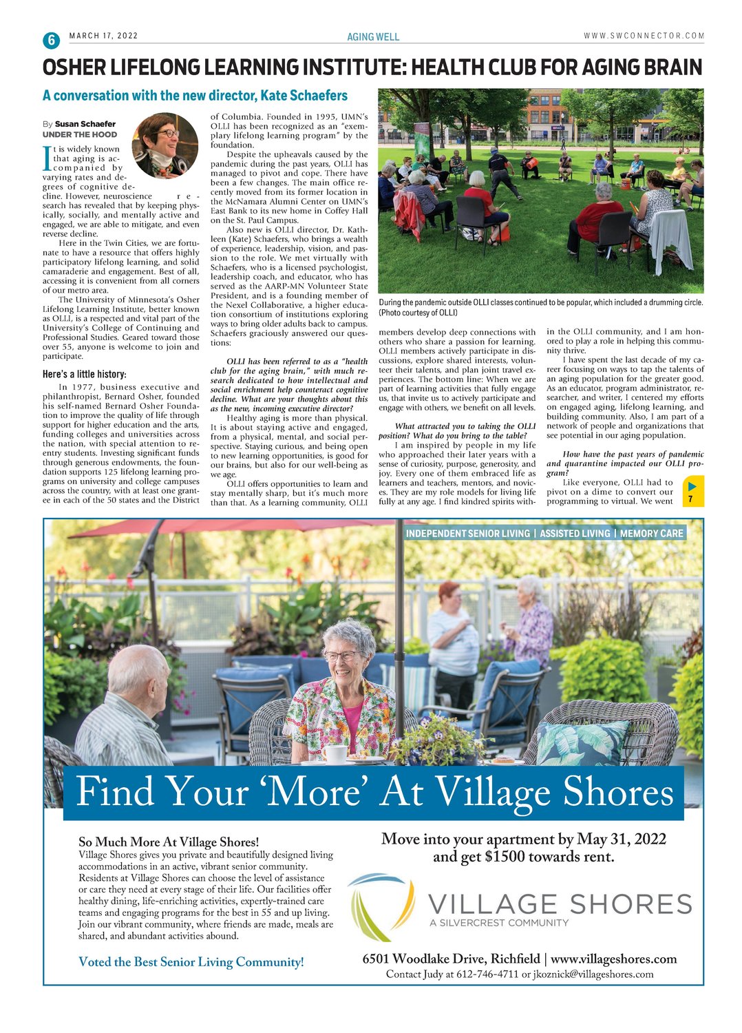 First Place, Best Advertisement -  Sandra Mikulsky and Tesha M. Christensen, “Village Shores,” Southwest Connector. Judge’s comment: Winner has the best balance, use of white space, accurate photo (doesn’t look like stock image, even if it is) and large text to grab the eye