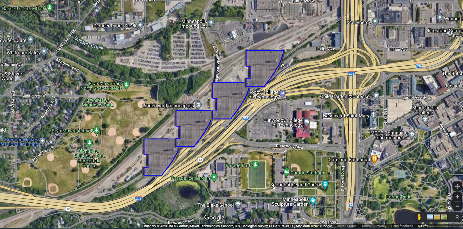 This graphic illustrates the size of the Roof Depot site as compared to the existing public works location near and under the 394 bridge. OTHER PUBLIC WORKS SITES include: Northeast, Columbia Heights, 394 bridge.