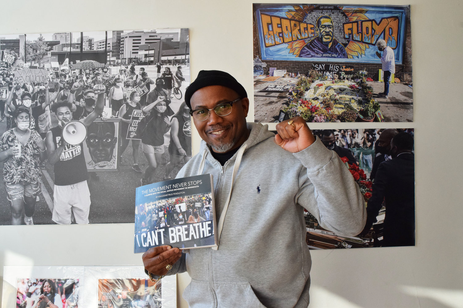 Award-winning independent journalist and photographer KingDemetrius Pendleton poses inside Wing Young Huie’s The Third Place Gallery at 3730 Chicago Ave., where his exhibition “The Movement Never Stops” is on display. The exhibition includes photographs Pendleton has taken from the front lines of the social justice movement in the Twin Cities over the past seven years.