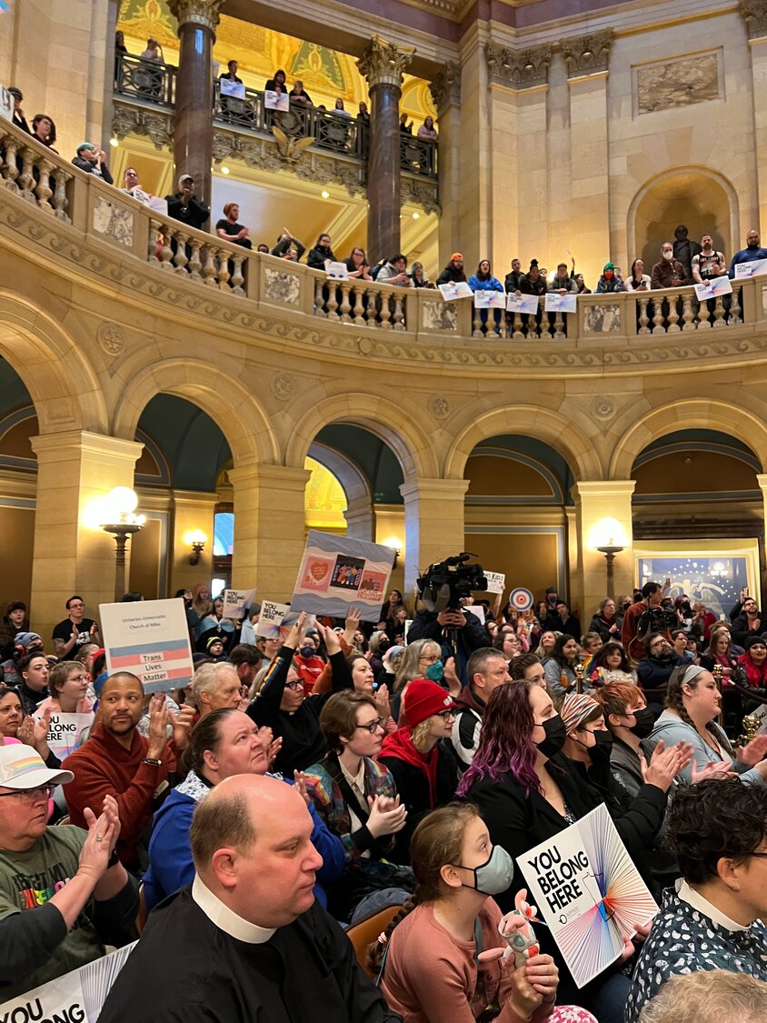 Trans rights advocates pack three levels of the Capitol rotunda on March 31, 2023 for Transgender Day of Visibility.