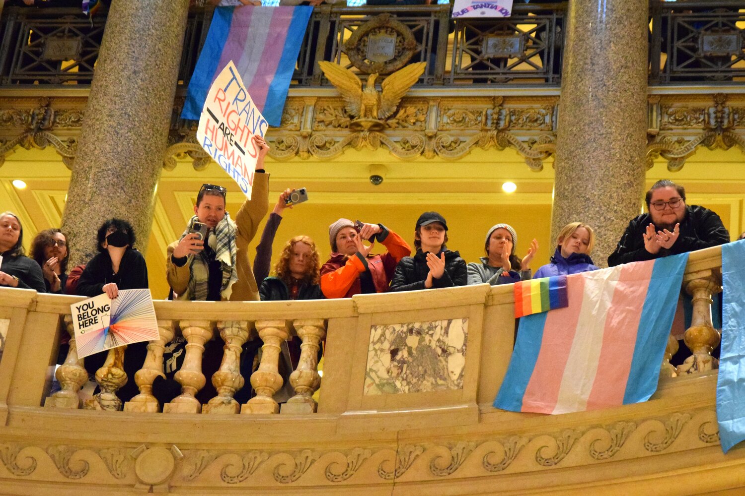 Trans rights advocates pack three levels of the Minnesota Capitol rotunda on March 31, 2023 for Transgender Day of Visibility. “Our visisbility matters,” said Kat Rohn of OutFront Minnesota.