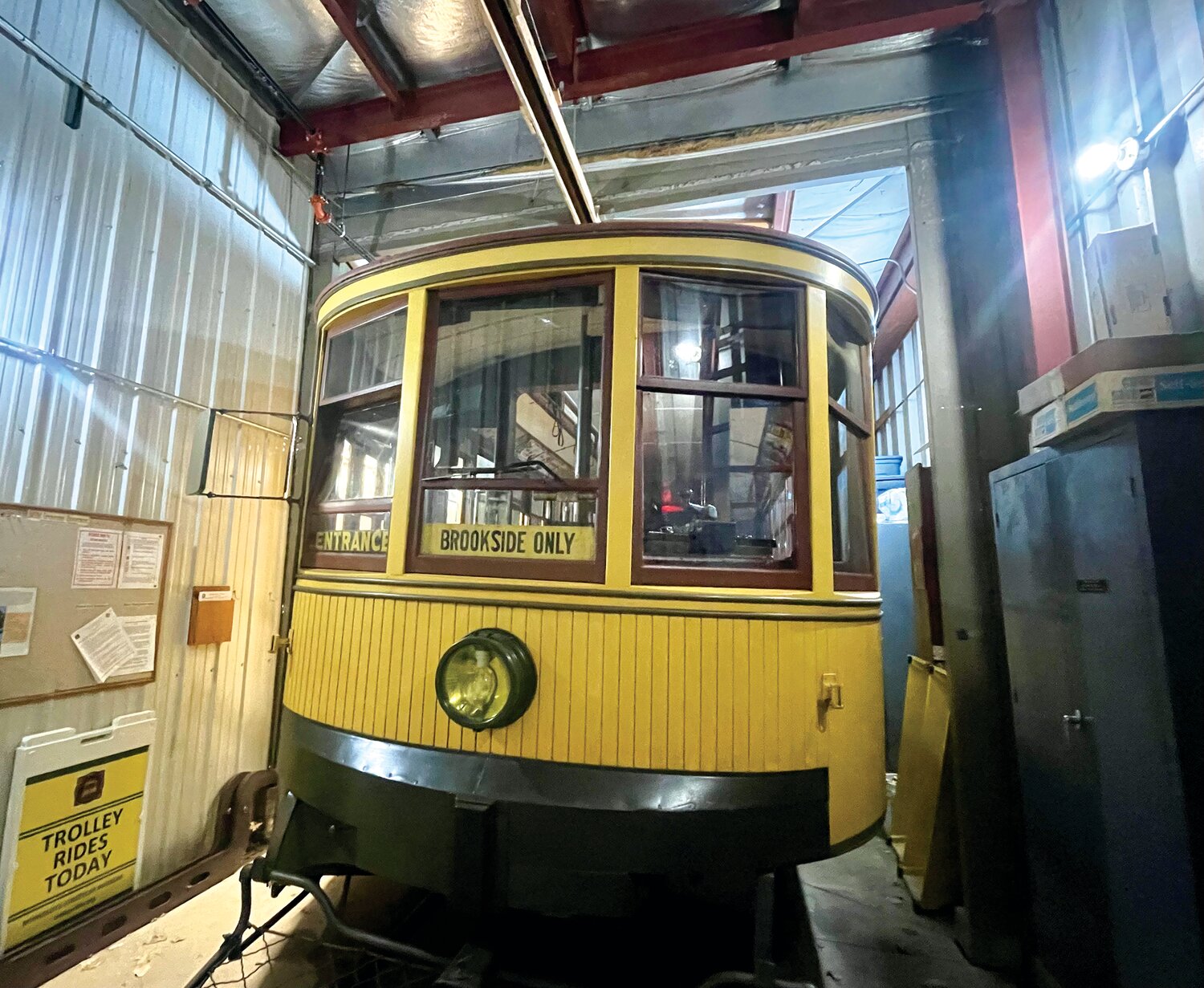 Interior and exterior of car No. 1300. Built in 1908, it is the oldest of the pair of street cars traveling the Bde Maka Ska to Lake Harriet route in the summer months.