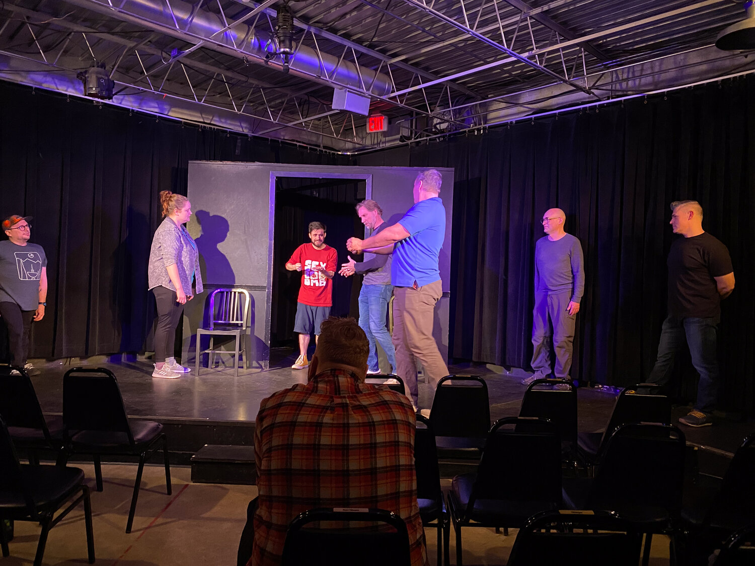 Comedians improvise during Dino Jam on Thursday, May 4, 2023. Dino Jam on Thursday nights at HUGE IMPROV is led by a team of hosts who rotate: Matt Axelson, Julietta Benson (left), John Gebretatose, Eric Heiberg, Mahmoud Hakima, and Seniz Lennes. It is one of many weekly and special events at the southwest Minneapolis theater.