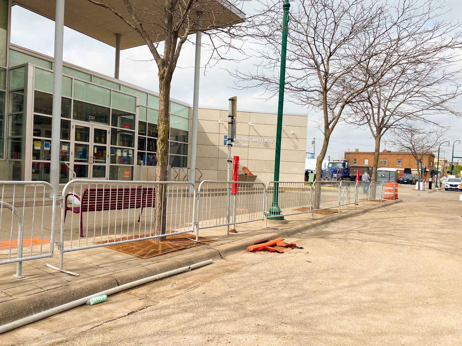 Street work for the B Line is being done in front of the East Lake Library.