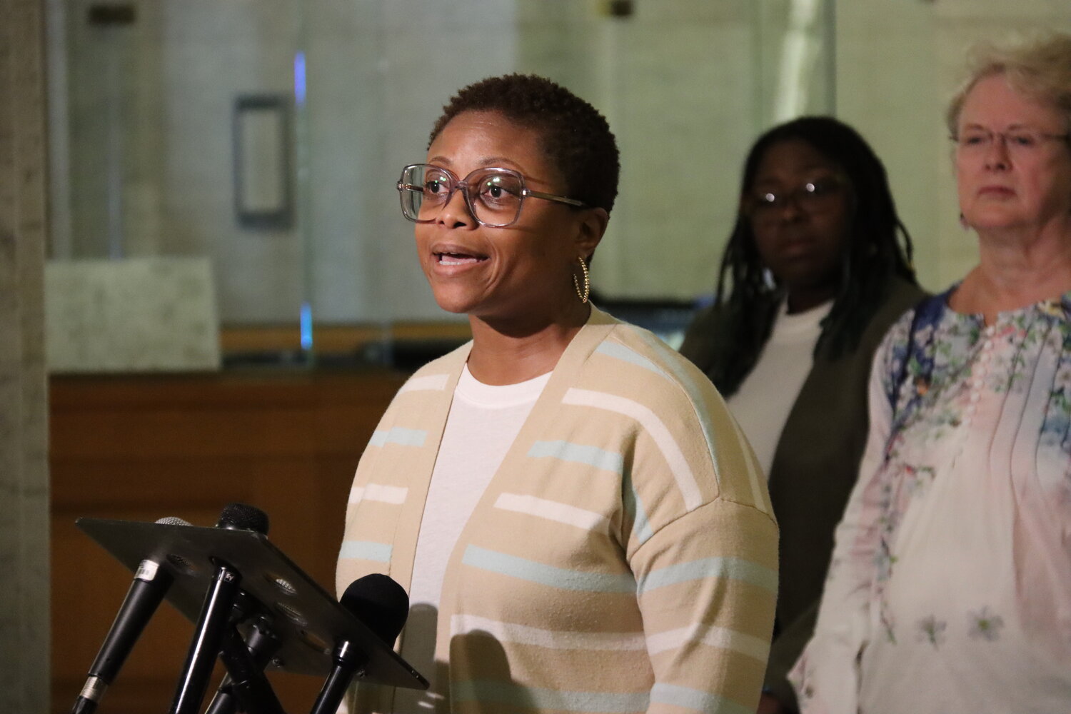 Tabitha Montgomery of Powderhorn Park Neighborhood Association speaks at the Third Precinct press conference on May 16, 2023 at Minneapolis City Hall.