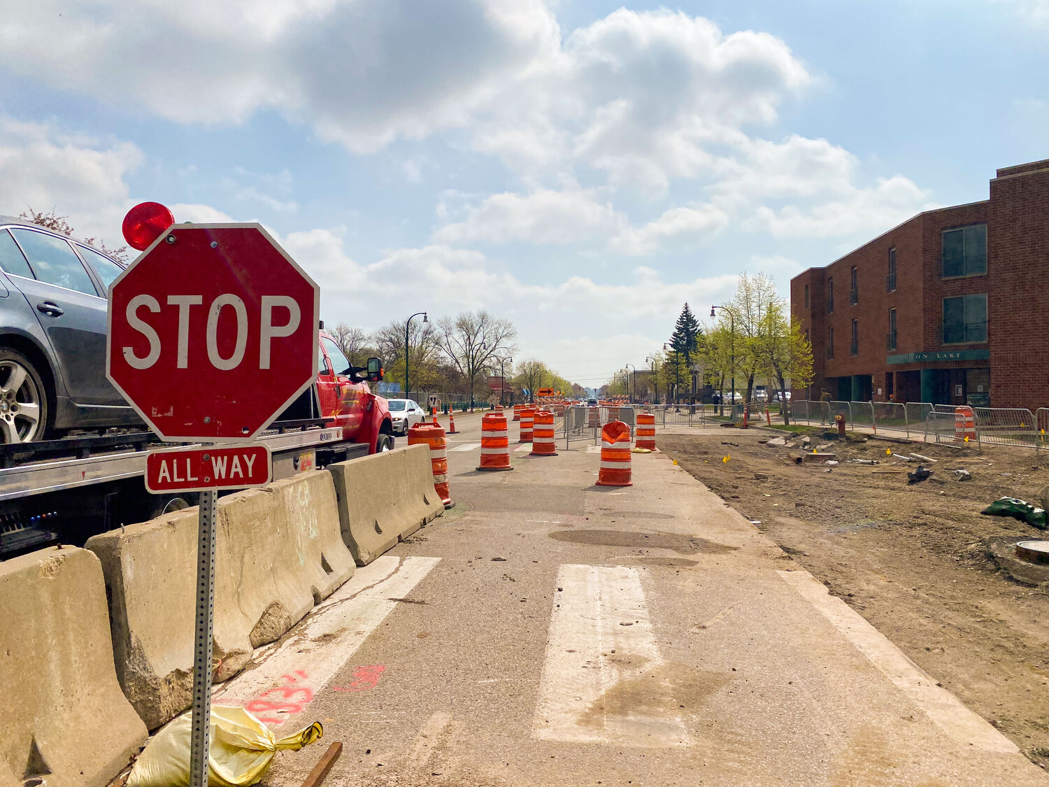 E. Lake Street is torn up in front of the East Lake Library, as work begins on new Bus Rapid Transit stations. Work will primarily be done on the route east of Hiawatha into St. Paul this year, and west of Hiawatha next year.
