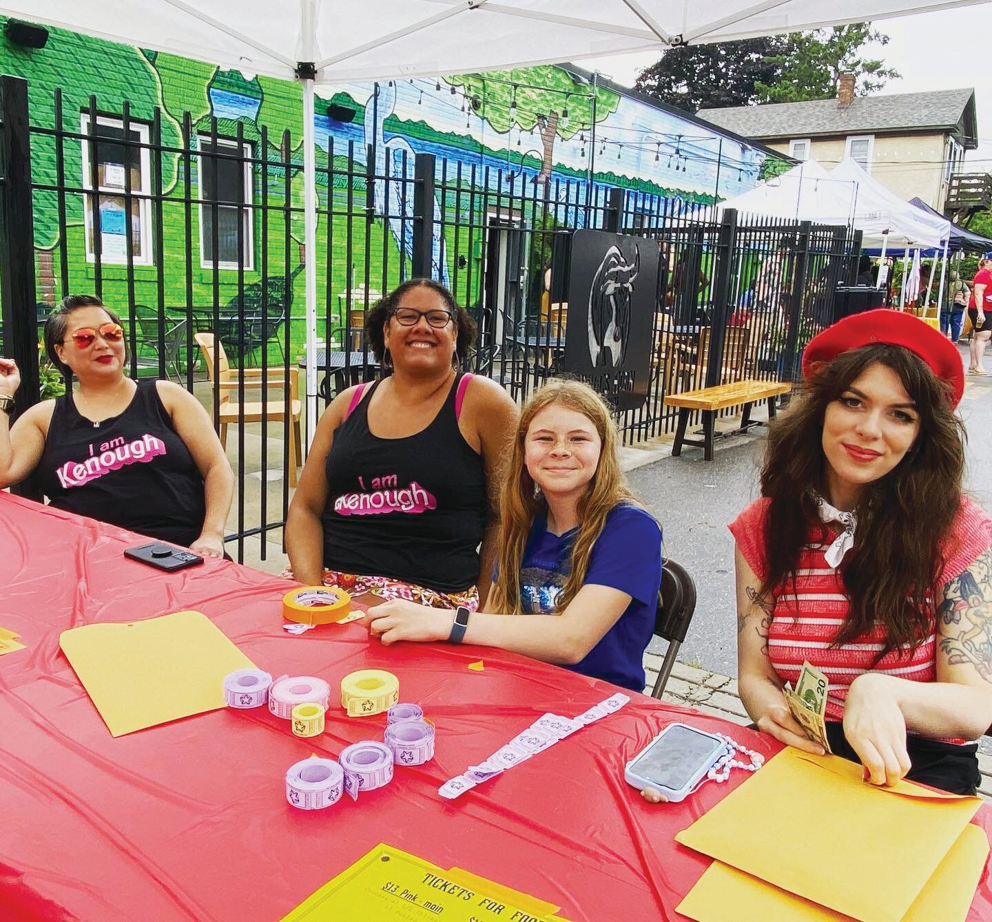 Amy Viken (volunteer), Holly Pinkerton (volunteer), Elsie Greeley (volunteer and my niece), and Janet Kolterman (server) sell tickets at the Bull's Horn parking lot party on Sunday, Aug. 6. On tap this year was Bull Brand, a collab with Venn Brewing.