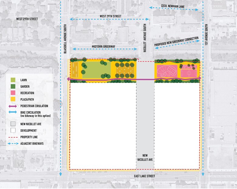 There are currently three proposals for where to put park land at the former Kmart site: 1) on the north side near the Midtown Greenway