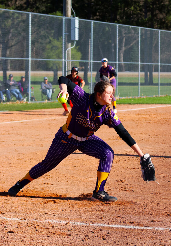 Westfield senior Natalie Grant scoops up a low hit and throws it to first base. The Lady Pioneers were able to score a 12-8 win over their conference opponents.