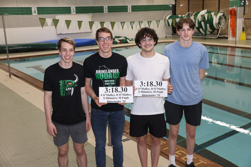 Judson O'Malley, Dolan O'Malley, Samson Shinners and Mathias Fugle set new pool and conference records in the 400 yard freestyle relay..