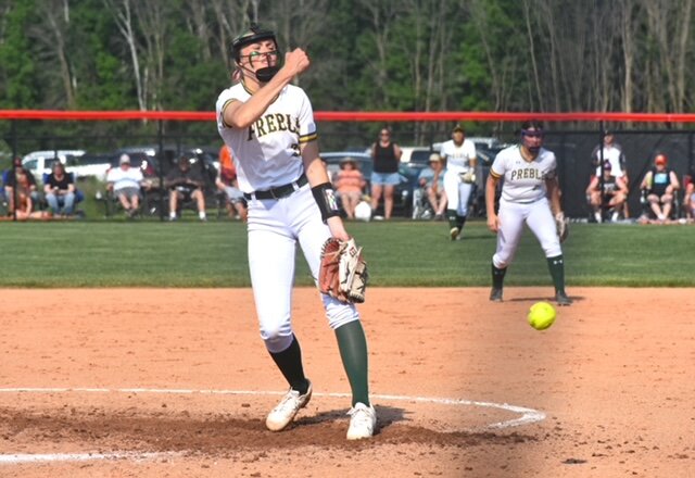 Green Bay Preble pitcher Katie Geydoshek fires a pitch in her team's 2-1 loss in eight innings to Kaukauna in a WIAA Division 1 Sectional Final June 5 in Pulaski.