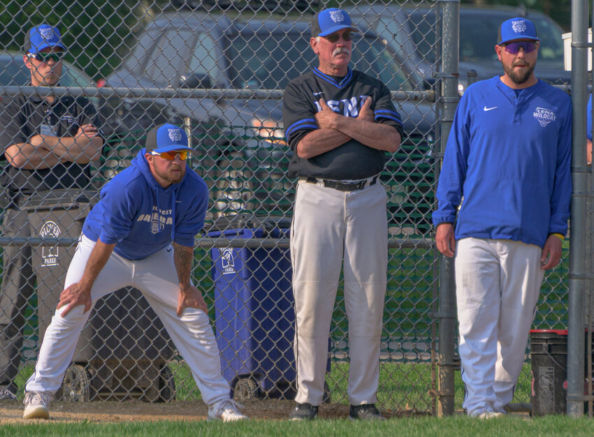 Lena coaches (from left to right) Joey Sparks, Ed Huberty and Mike Nompleggi watch the Wildcats defense work its way through a jam against Pacelli on Tuesday.