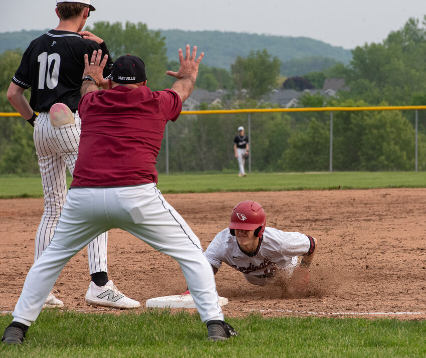 Mayville senior, Austin Thoreson at bat Thursday night regional play against St. Mary’s Springs.