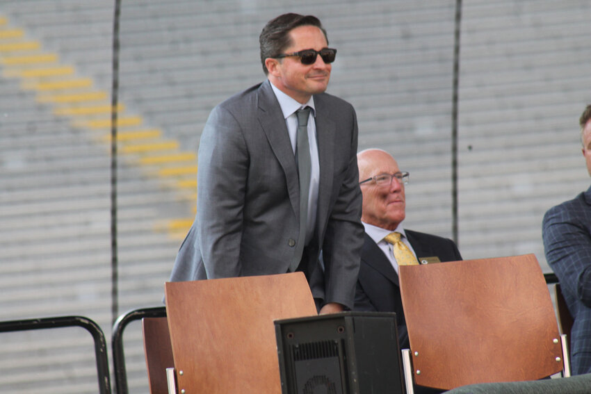 Ed Policy is introduced during the 2024 Green Bay Packers Shareholder meeting at Lambeau Field.