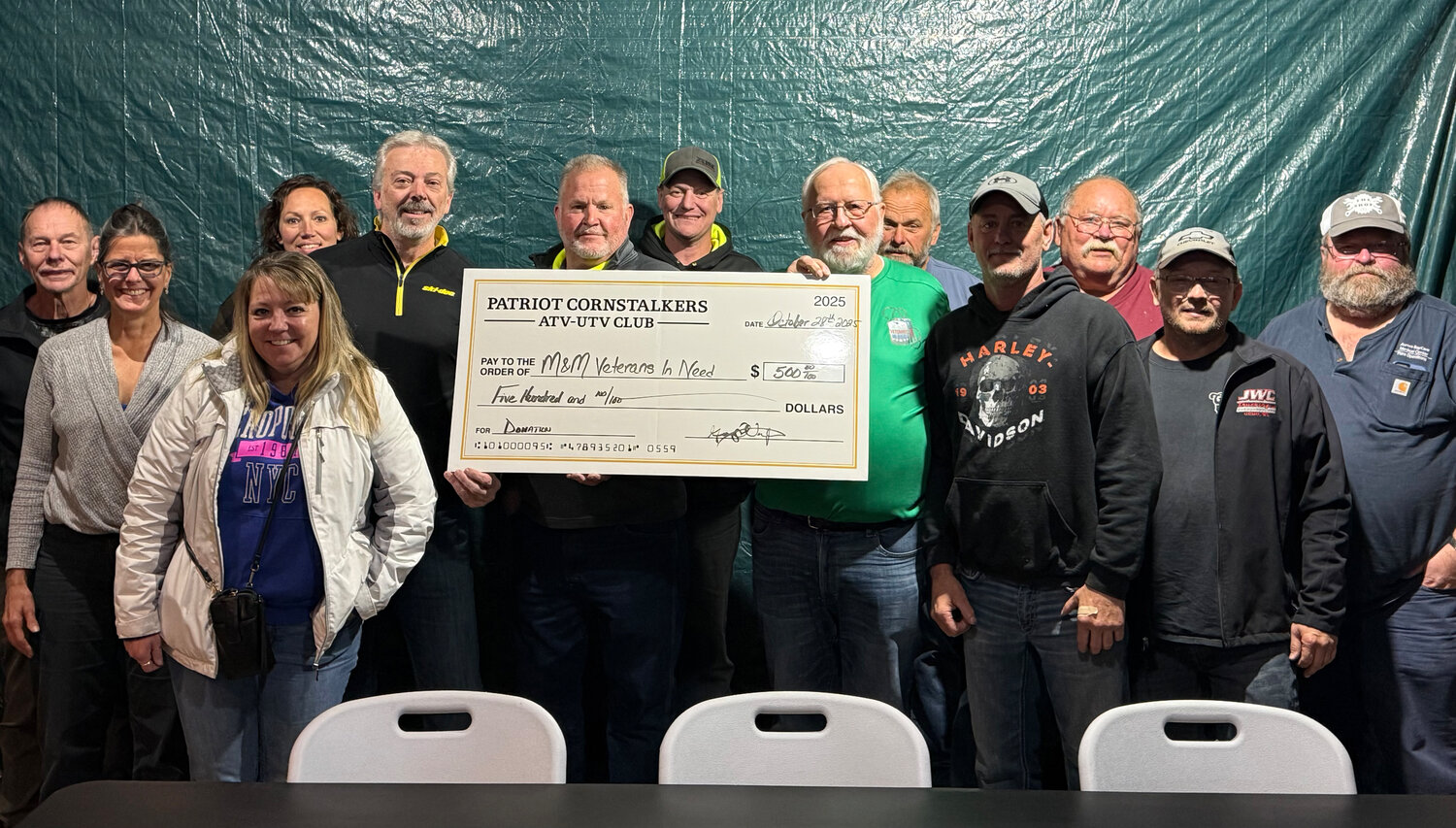 Patriot Cornstalkers ATV/UTV Club of Marinette County donates to M&M Veterans In Need (serving Marinette, Wis. and Menominee, Mich.).  Accepting were David Herold and Dick Pier. Board members of Patriot Cornstalkers included Vice President Ted Klaver, Director Todd Polzin, Director Dave Frievalt and Secretary/Treasurer Gary Voigt, with President Bob Payette absent from the photo.
