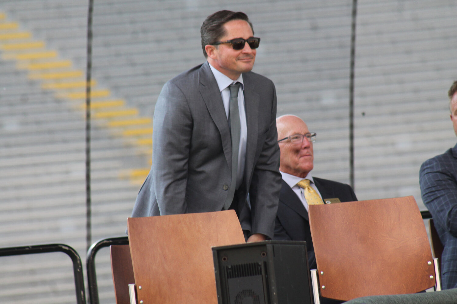 Ed Policy is introduced during the 2024 Green Bay Packers Shareholder meeting at Lambeau Field.