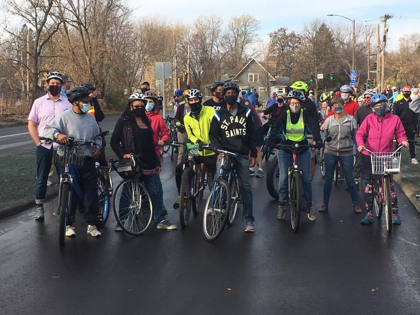Folks ride with Mayor Melvin Carter to celebrate the opening of the newly completed trail along Ayd Mill Road on Saturday, Nov. 7, 2020. Off-street trails along Como Ave. and Johnson Parkway were also completed in 2020. (Photo submitted)
