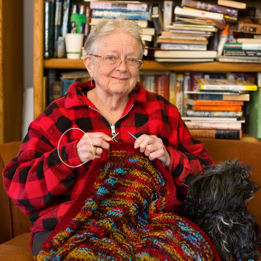 Judy Gibson has lived in the Midway neighborhood for more than 40 years. She has found lasting friendships through the Hamline Midway Elders Knitting and Crochet Group. The group currently meets on Zoom, but hopes to return to in-person meetings in the not-too-distant future. (Photo by Margie O&rsquo;Loughlin)