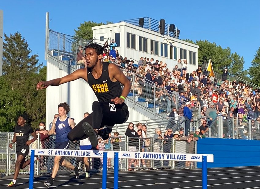 Como Park senior Rais Jaffer raced to medals in both hurdling events at the Section 4AA track and field meet. (Photo by Eric Erickson)