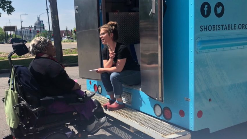 Kari Olsen, at left, chats with a community member while working in the Shobi&rsquo;s Table food truck., In 2021, Shobi&rsquo;s served 4,691 meals through the food truck and brought 932 meals to other partners. (Photos submitted)