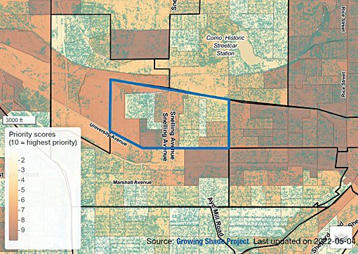 The Midway neighborhood, highlighted in blue, scores high in priority for advancing environmental justice through tree planting and canopy preservation compared to other neighborhoods in St. Paul, points out local environmentalist Molly Codding.