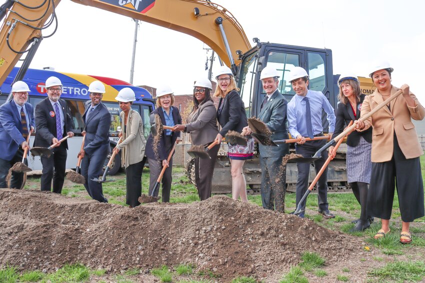 Politicians from Minneapolis and St. Paul throw shovels full of dirt as they celebrate the ground-breaking of a new Bus Rapid Transit Line that will connect the two cities. The B Line is expected to be operational in 2024. Work will primarily be done east of Hiawatha Ave. this year, and to the west next year.