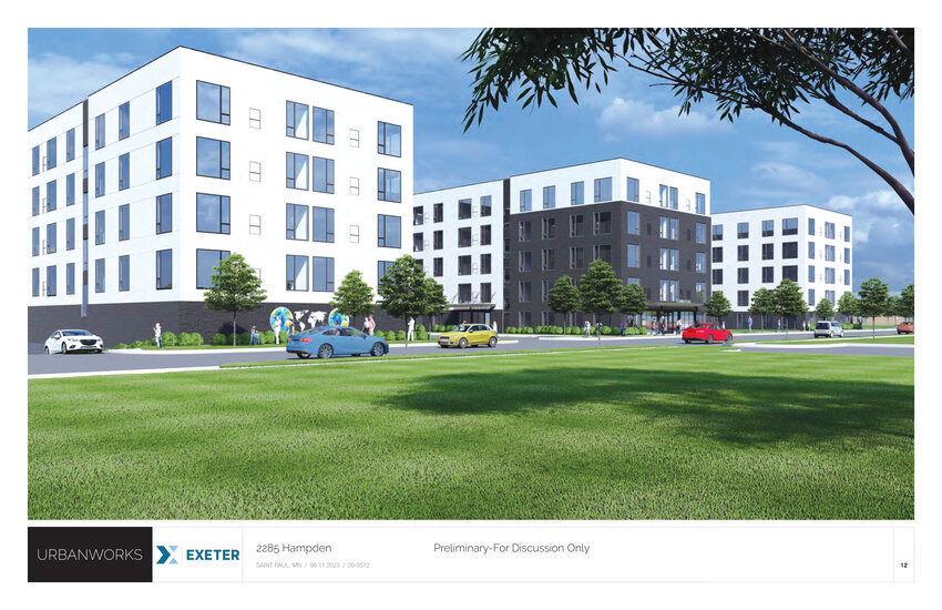 The project for the former Minnesota Chemical Company site includes a mix of studio, one, two, and three-bedroom apartments, a patio, green space, and a playground. Exeter is seeking a variance for having less commercial/retail space than required.