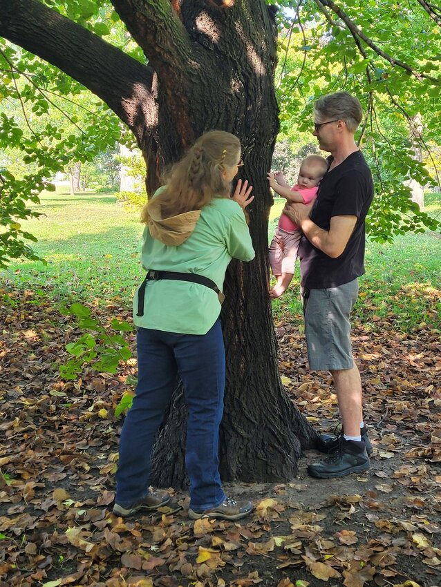 Minnesota Master Naturalist Stephanie Mirocha (at left) introduces Shevek McKee and his daughter, Rhoda, to a tree during the fall 2023 Tree Trek. (Photo submitted)