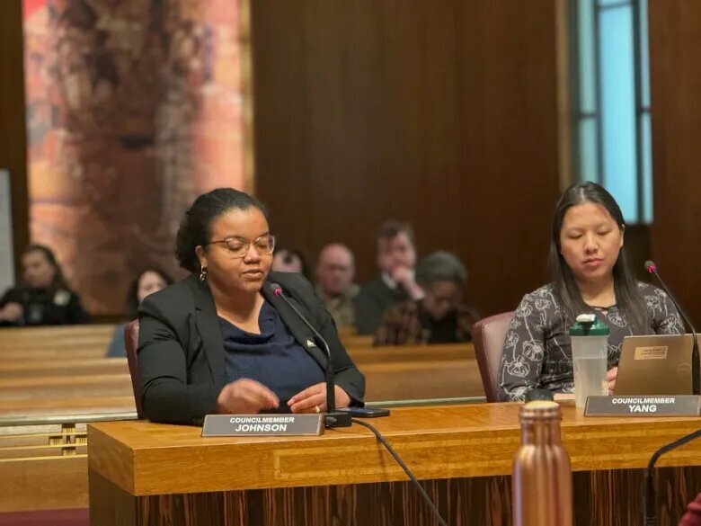 St. Paul City Council member Cheniqua Johnson speaks during a council meeting Wednesday, April 2, 2025. At right is council member Nelsie Yang. Credit: MinnPost photo by Winter Keefer