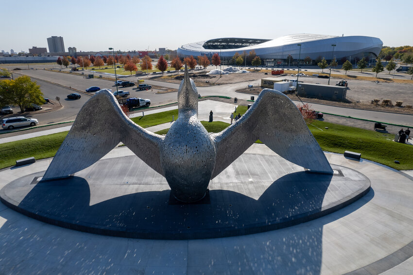 The Calling, a 25-ton loon sculpture landed outside Allianz Field Oct. 17, 2024.
