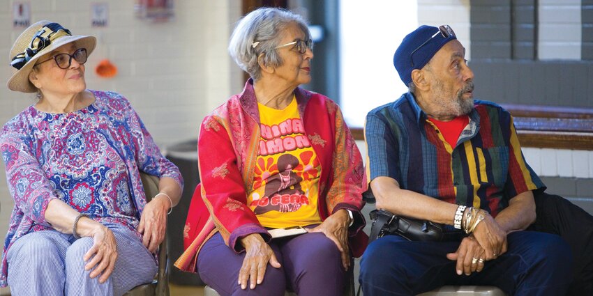 Sharon Peters (left) and Judith Claytor, granddaughters of Madison and Amy Jackson attend a student assembly honoring their family. Their story provides a springboard for Pratt students and staff to ask questions about race, and to learn about history and resilience in their own community.(Photo by Margie O&rsquo;Loughlin)