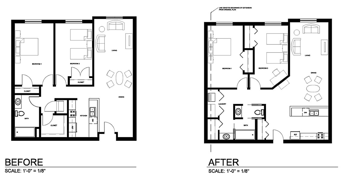BEFORE AND AFTER
“The “before” version is a two-bedroom affordable housing apartment (1,011 square feet) from one of Minneapolis’ largest affordable housing providers, Aeon’s Ripley Gardens. With two bedrooms, it can be inhabited by a maximum of four people, according to Minneapolis’ occupancy limits. 

The “after” scheme proposes a design solution that is more flexible and adaptable. Physical and social health are supported by the kitchen being moved to the right side of the unit for a more direct connection to the social area. A person cooking can easily supervise children doing homework or converse with family members and guests. That person can also have views to the outdoors, which makes cooking a more enjoyable task and eases stress. The kitchen can be closed or open and this option can be accomplished with a simple window on the wall that connects to the social area. If totally open, it can accommodate multiple cooks on the two counters. Flexibility continues with the dining area, which can easily be expanded for special celebrations and large gatherings. 

A similar approach is applied to the bathroom, which is now compartmentalized and an additional sink is placed in the corridor for multiple users. The privacy concerns in the bedrooms are subdued by the placement of closets used as a buffer. An angled wall forges a sense of entry and can be used to display cherished possessions, helping craft meaning and identity. From within the bedroom, the angled wall can be the setting of a desk, signifying the importance of education and grounding aspirations for the future.” - From The Right to Home, page 302