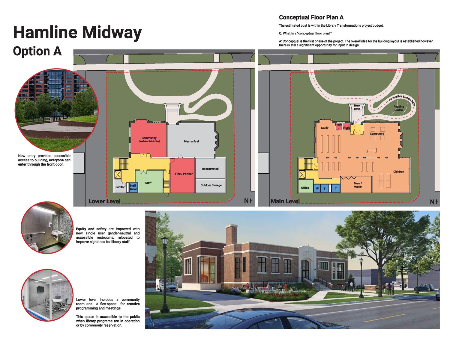 Option A for the Hamline-Midway library offers an alternative to demolition and shows an addition instead.