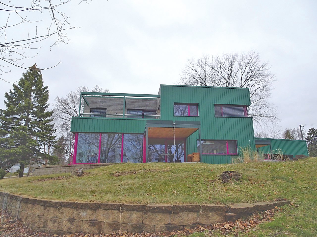 The southern face of the passive house can be seen from Lexington Parkway, and the insulated windows of the living room offer a sweeping view of the Como Park Golf Course. Solar panels on the roof produce enough electricity to almost completely supply what’s needed for the house, and there’s even some extra to sell back to Xcel on summer days.