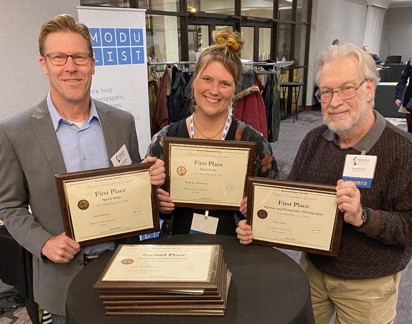 Attending the Minnesota Newspaper Association Better Newspaper Contest award banquet on Thursday, Jan. 26, 2023 were freelancer Eric Erickson, owner and editor Tesha M. Christensen, and photographer Terry Faust. The trio holds the 20 awards earned by the three newspapers of TMC Publications CO.