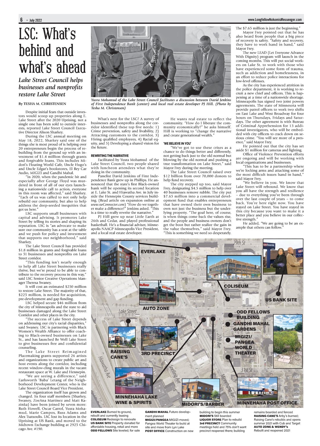 Second Place, Use of Information Graphics and Graphic Illustrations - Tesha M. Christensen, “Lake Street 2 years later,” Longfellow Nokomis Messenger, July 2022. Judge’s comment: Nice pictures