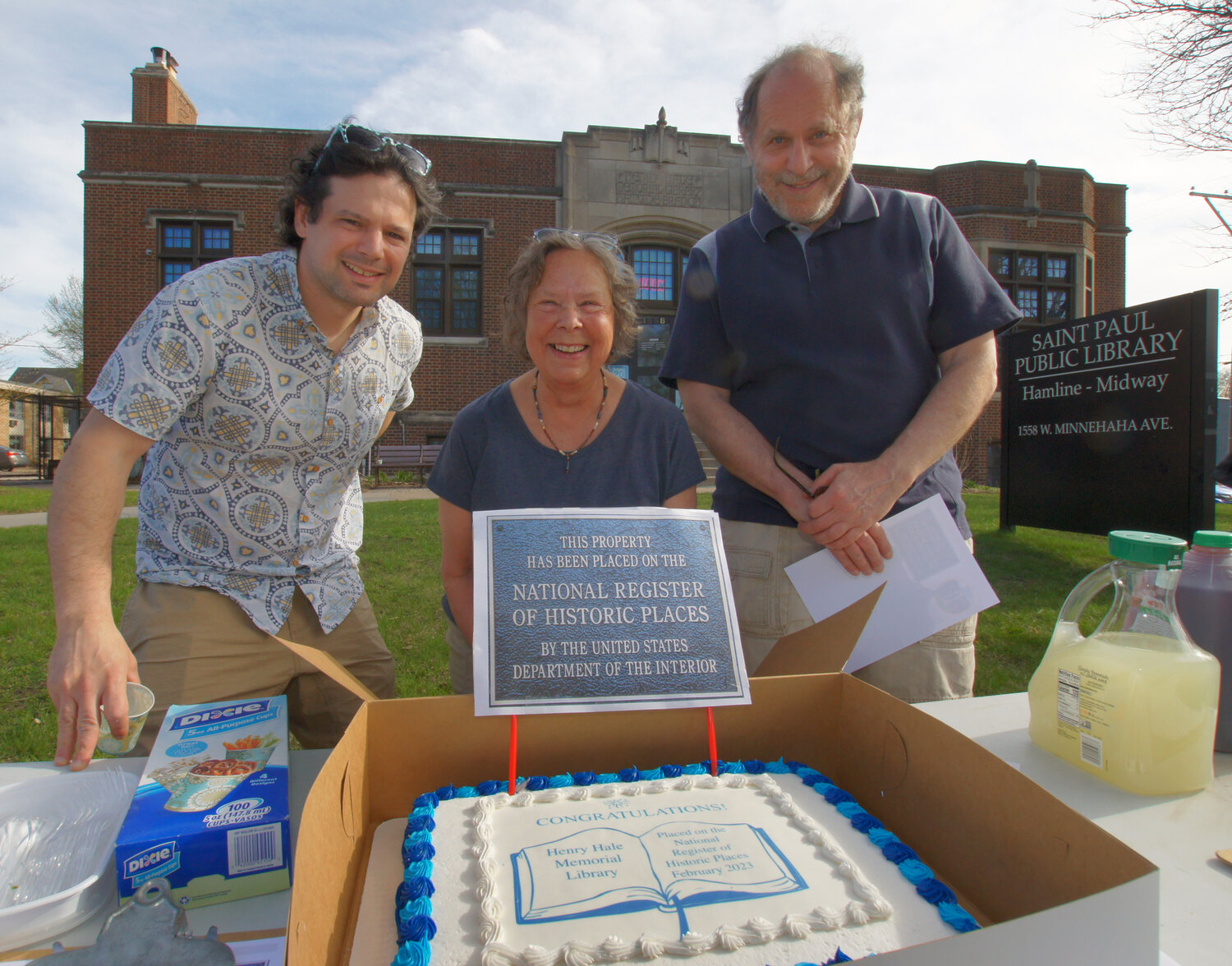 (Left to right) Jonathan Oppenheimer, Barbara Bezat, and Tom Goldstein of Renovate 1558 speak about Hamline Library’s renovation progress on Thursday, May 5, 2023. Cake and refreshments followed the update.