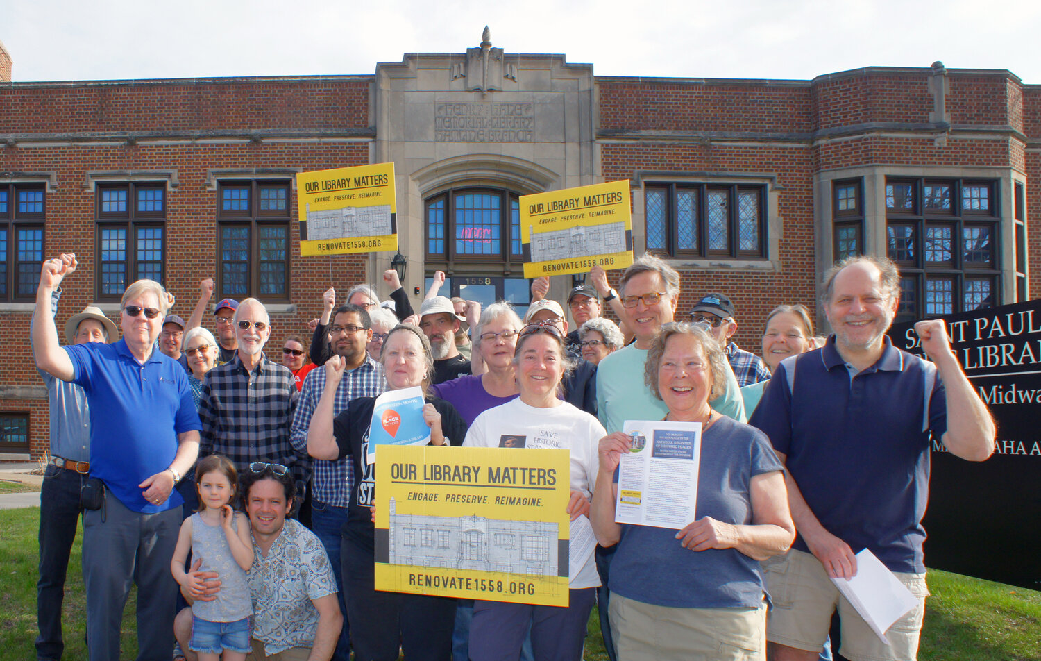 Community members voice their support for keeping the historic Henry Hale Memorial Library building, also known as the Hamline Midway Library. It was officially designated on the National Registrar of Historic Places on Jan. 31, 2023 but that is not stopping the city from demolishing the structure.
