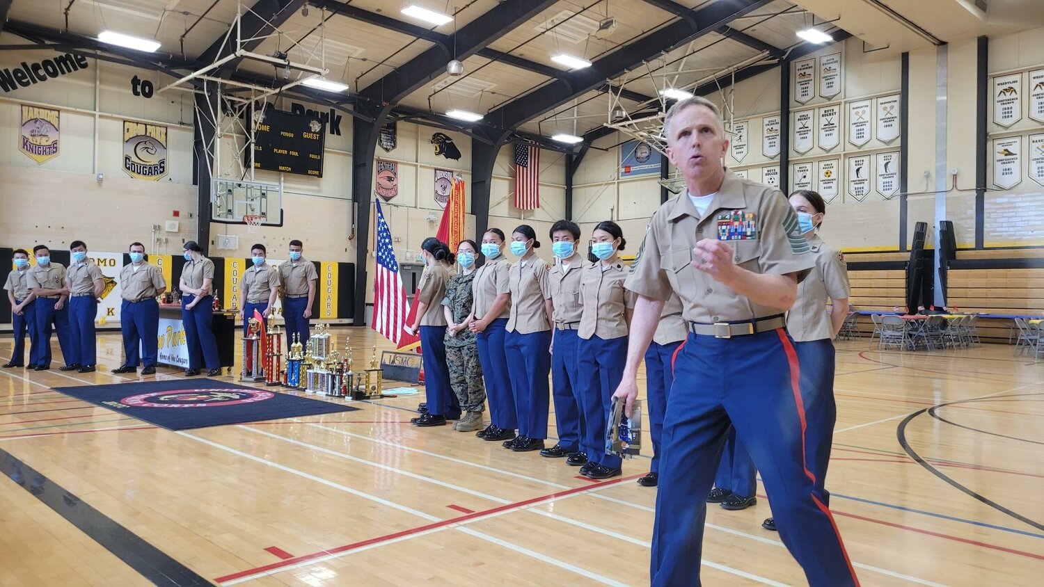 Seniors in the JROTC scholarship ceremony wore masks as Sgt. Major James Kirkland spoke about COVID-19 challenges experienced on the path to graduation. (Photo submitted)