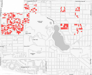 The dots show where racial covenants are in the Como neighborhood.