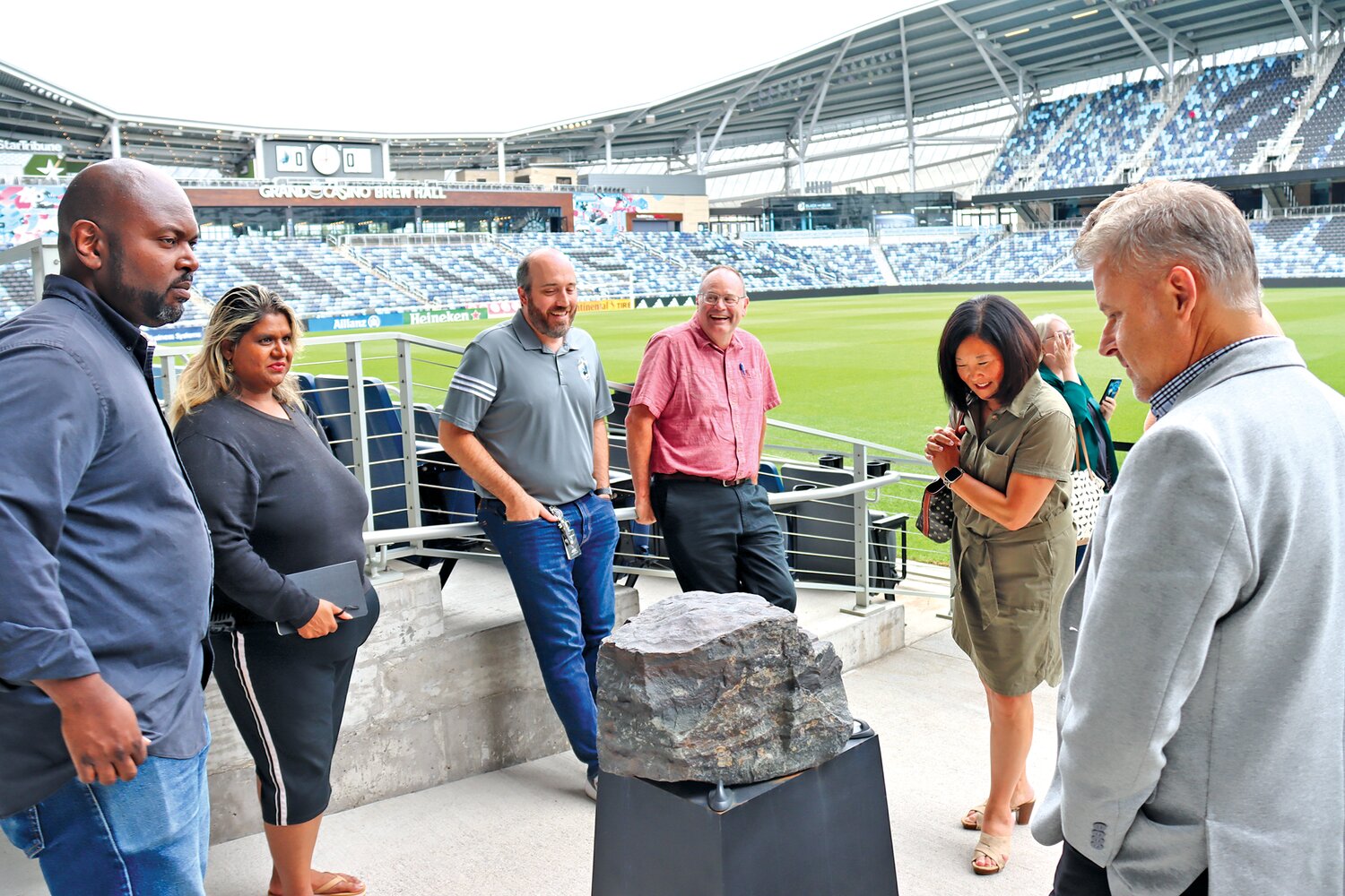 Midway Area Chamber of Commerce Board members tour Allianz Field with fellow board member and Minnesota United General Manager Justin Borrell (third from left) on Sept. 6, 2023. The tour followed a presentation by Loons owner Bill McGuire on development coming around the stadium.