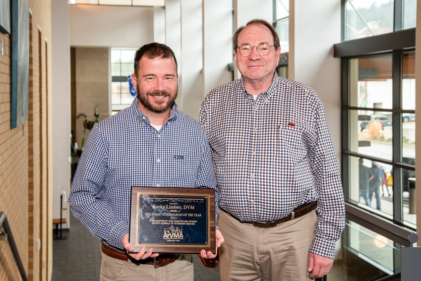 Dr. Rocky Lindsey, winner of the 2023 Arkansas Veterinarian of the Year pictured with Dr. Mike Beard from the Animal Care Vet Center in Conway who nominated Lindsey for the award.