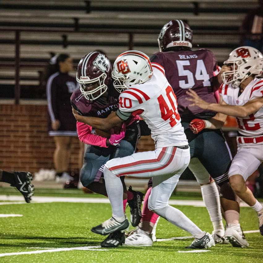 GABE BUTCHER (40) was one of the leading defensive players for the Pirates on Friday night against Barton recording at least six tackles on the night.