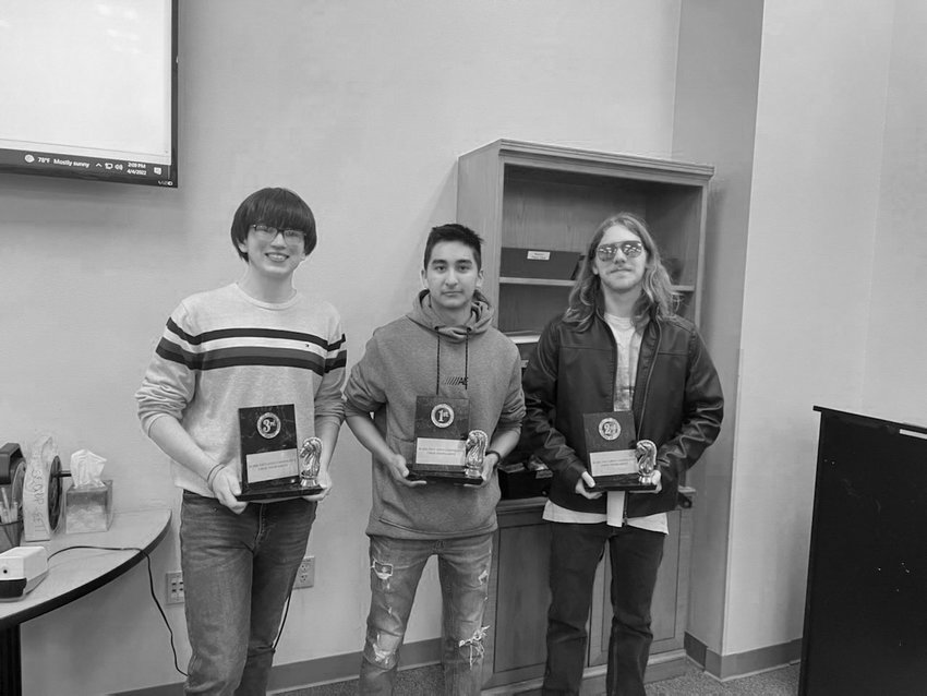 Junior and Senior Chess Tournaments were held at the Southeast Arkansas Education Service Cooperative on Monday, April 4, for students in Southeast Arkansas school districts, grades 7-12. There were 45 participants. Pictured  (from left to right) is first place winner, Ivan Pahuamba (Warren), second place winner, Jacob Burnett (Drew Central), and third place winner, Alex Ayala (Warren).