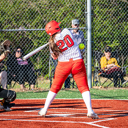 EMMA MCRAE gets hit by a pitch in Tuesday&rsquo;s conference contest against Harmony Grove. McRae would allow three runs on two hits from the circle with 10 strikeouts. McRae has 20 strikeouts on the season in two games.