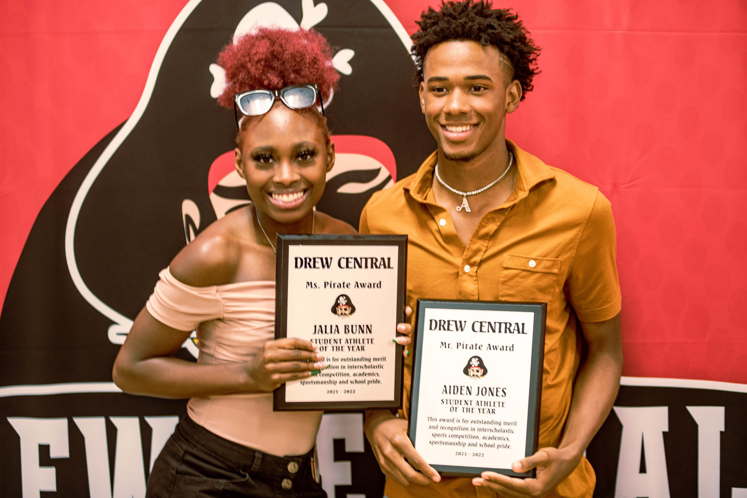 JAILA BUNN and AIDEN JONES have been selected for the Ms. Pirate and Mr. Pirate Award. The award was given to the student athlete that not only excelled in sports during the school season but also excelled in the classroom and in behavior. Each award is based on a point system with the highest point totals being named the honorary award winners. Bunn and Jones will also be the featured Pirate and Lady Pirate pictured on Drew Central’s website, www.dcpiratenation.com, for the 2022-23 school year.