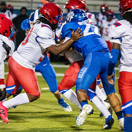 TREY RILEY (right) was one of the leaders on the defensive side of the ball for the Billies with a handful of tackles on the night. The Billies defense held the Cougars to one score allowing a total of 201 yards of offense and creating three turnovers.